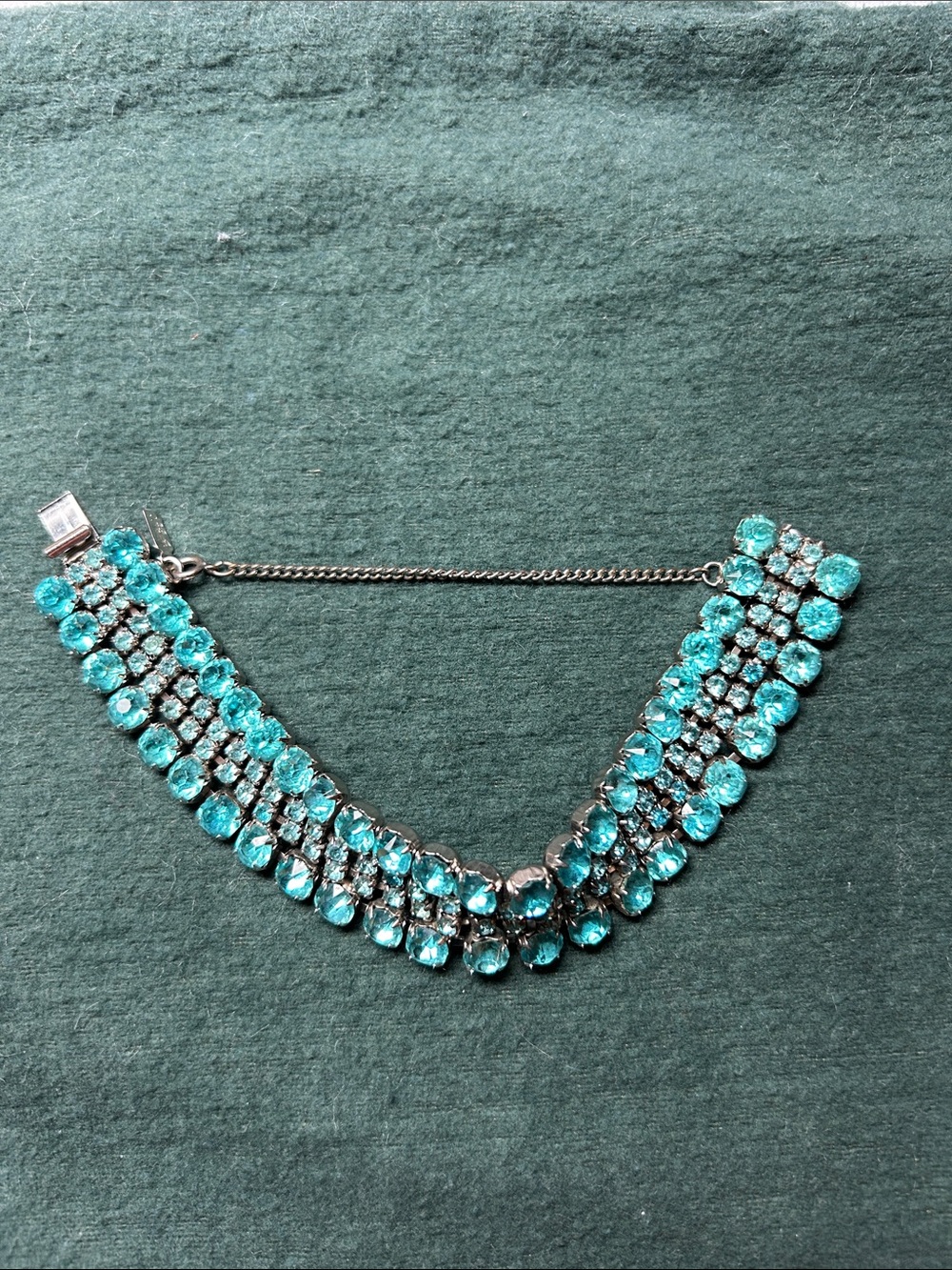 Vintage Ann Vien Turquoise Rhinestone Bracelet with safety chain and tag.